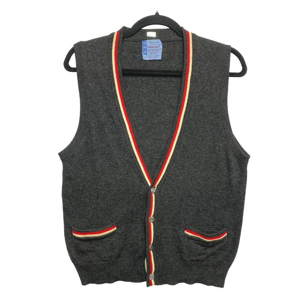 Vintage Penneys Towncraft Sweater Vest Mens M Gray Lambswool Made in Japan